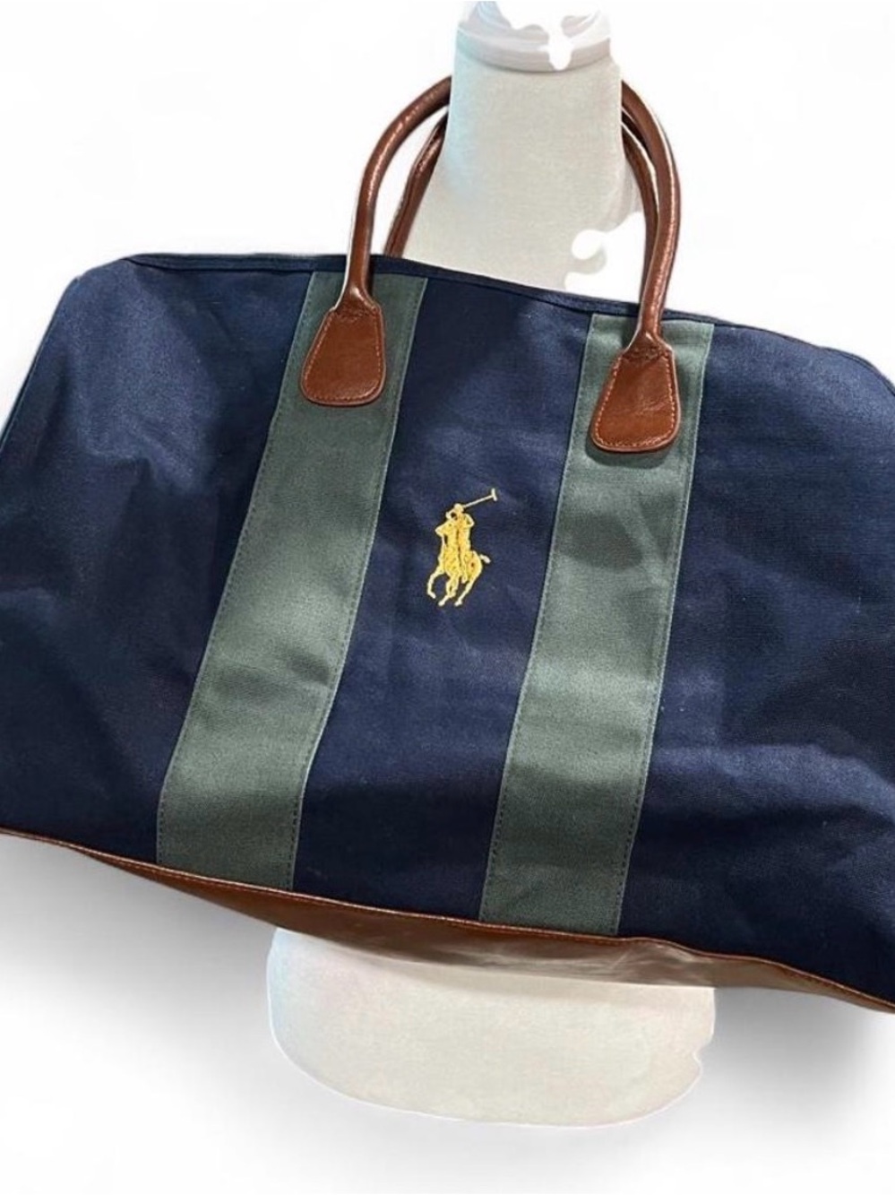 Vintage Polo Ralph Lauren Navy & Green Duffle Bag Brown Leather Trim